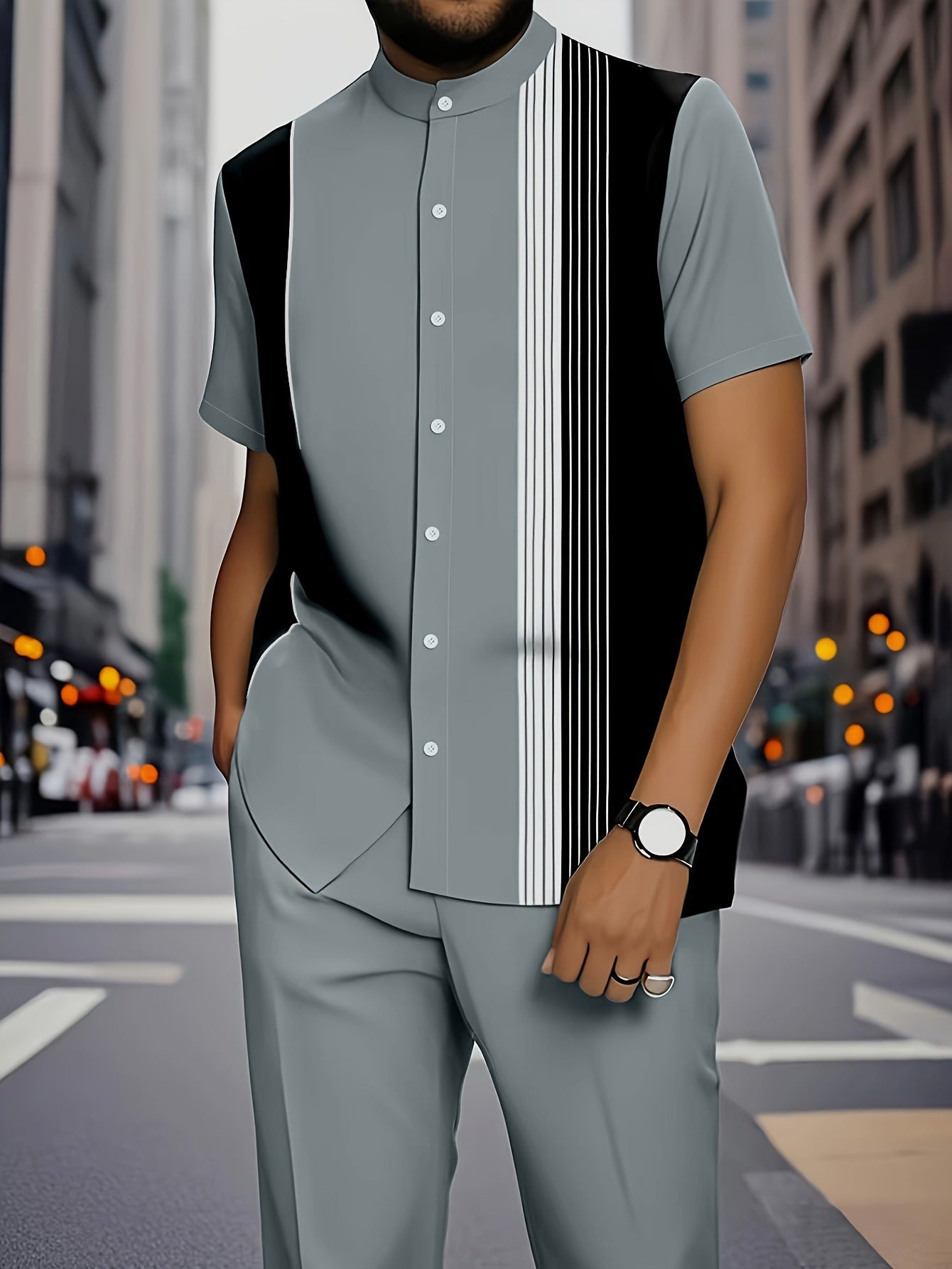 KZZ Men's Classic Striped Artistic Print Suit