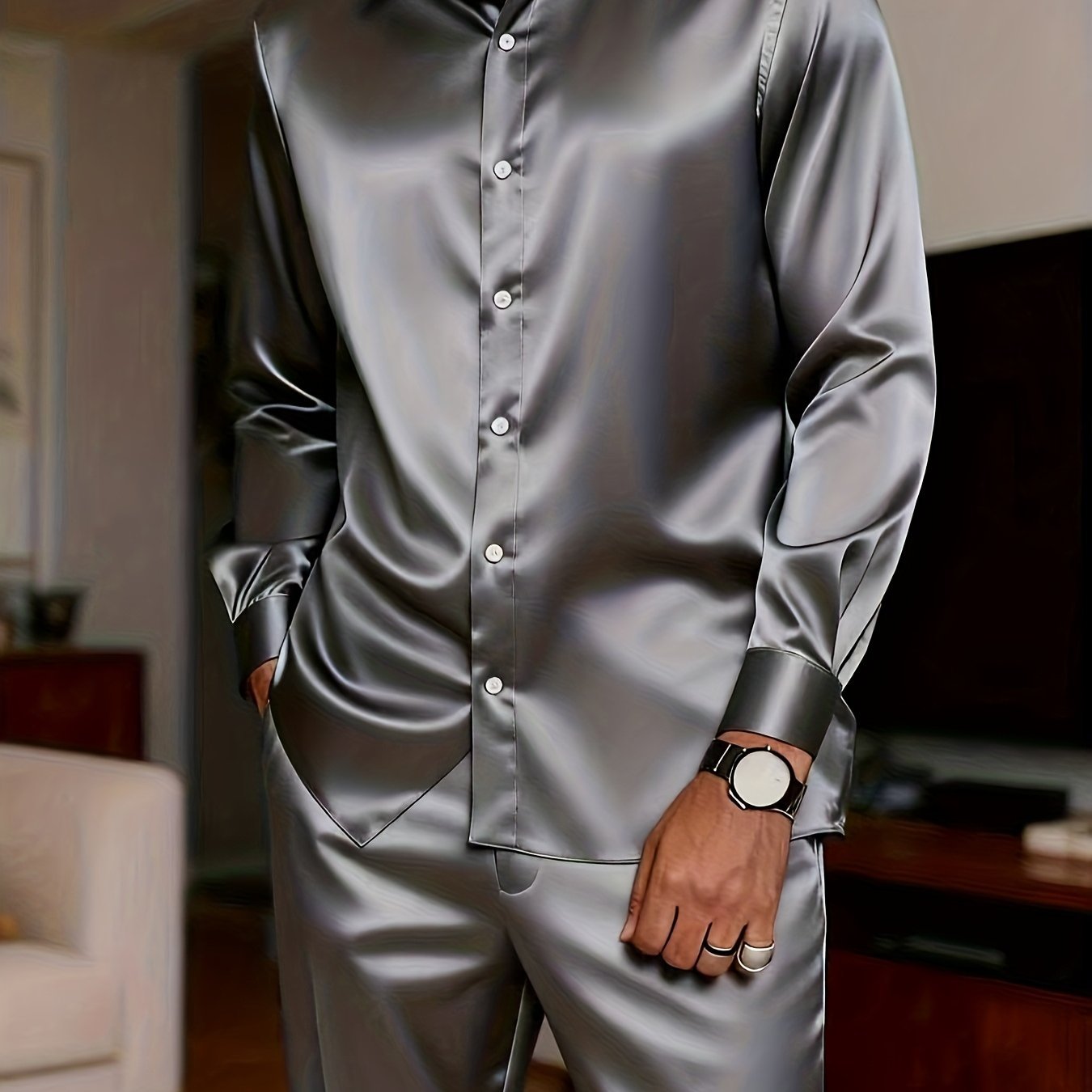 KZZ Men's Milk Silk Stand Collar Long Sleeve Button-Up Shirt Set
