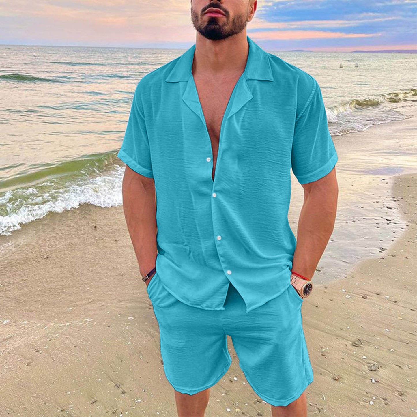 KZZ Men's Solid Color Shirt and Elastic Waist Shorts Set