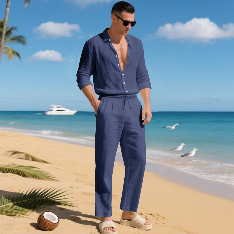 KZZ Men's Summer Linen Shirt & Pants Set