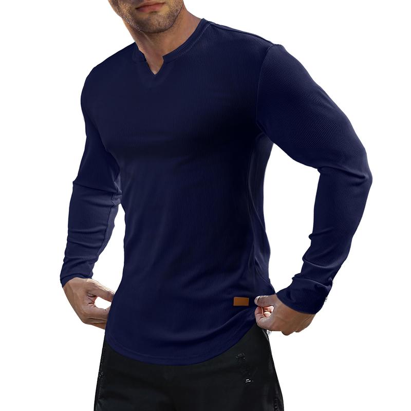KZZ Men's Solid Casual Shirt Slim Fit T-Shirt, V-Neck Long Ribbed T-Shirt
