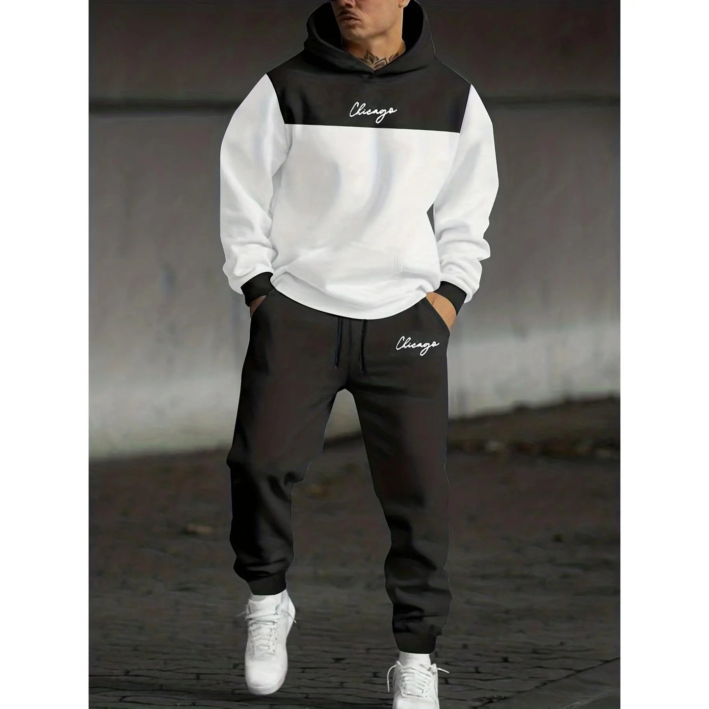 KZZ Men's Autumn-Winter Loose Letter Print Hooded Two-Piece Set