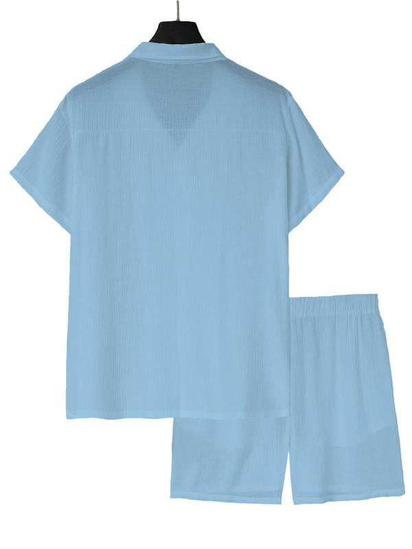 KZZ Men's Solid Color Shirt and Elastic Waist Shorts Set