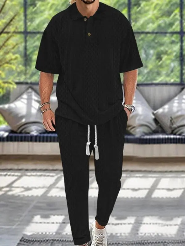 KZZ Men's Textured Drop-Shoulder Collar T-Shirt Two-Piece Set