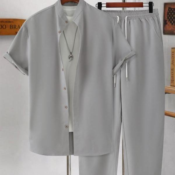 KZZ Men's Two-piece Suit Shirt and Elastic Waist Pants Set