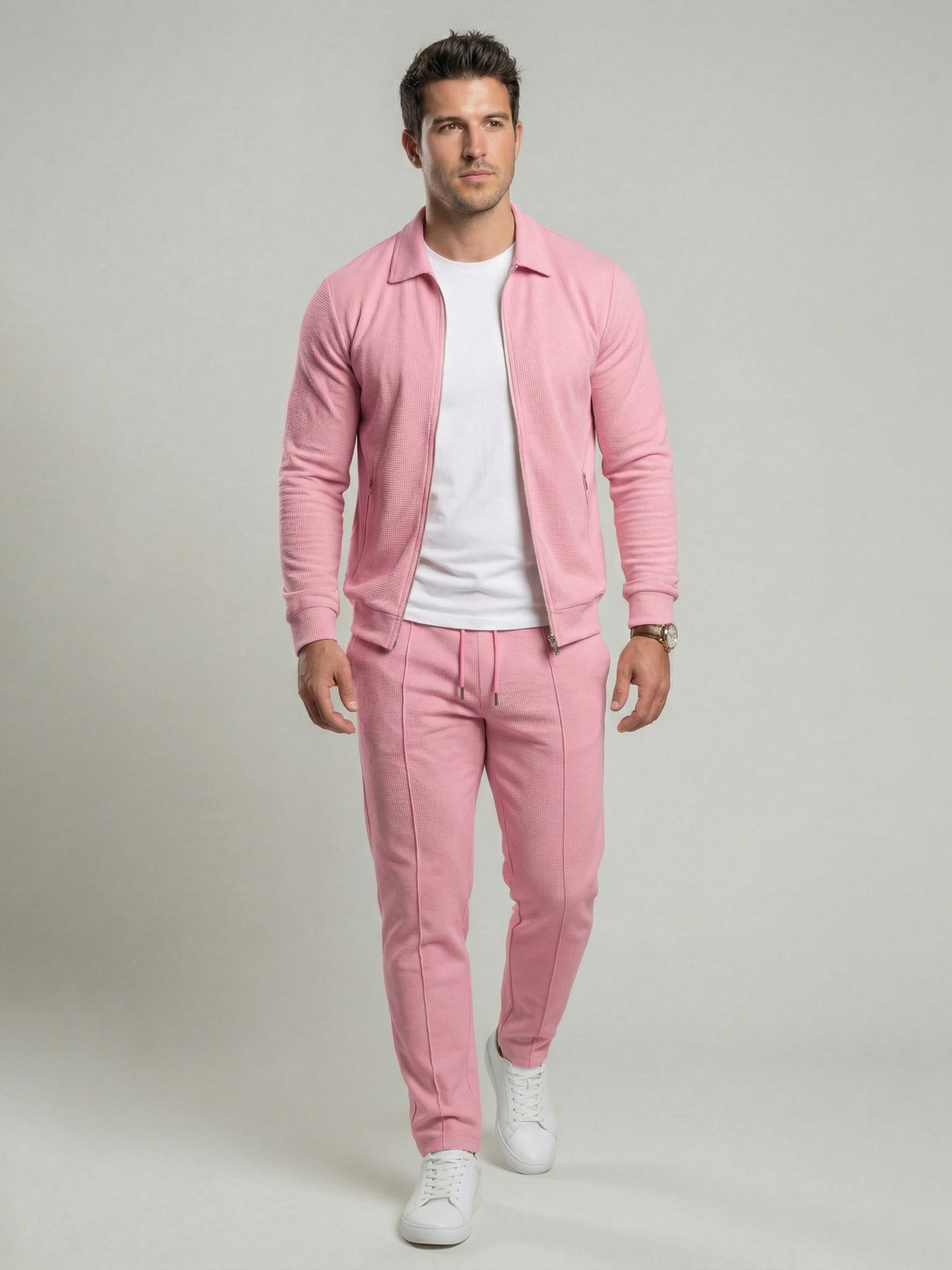 KZZ Sporty Two-piece Set Men's Plain Zip Up Jacket & Drawstring Waist Pants Tracksuit Set