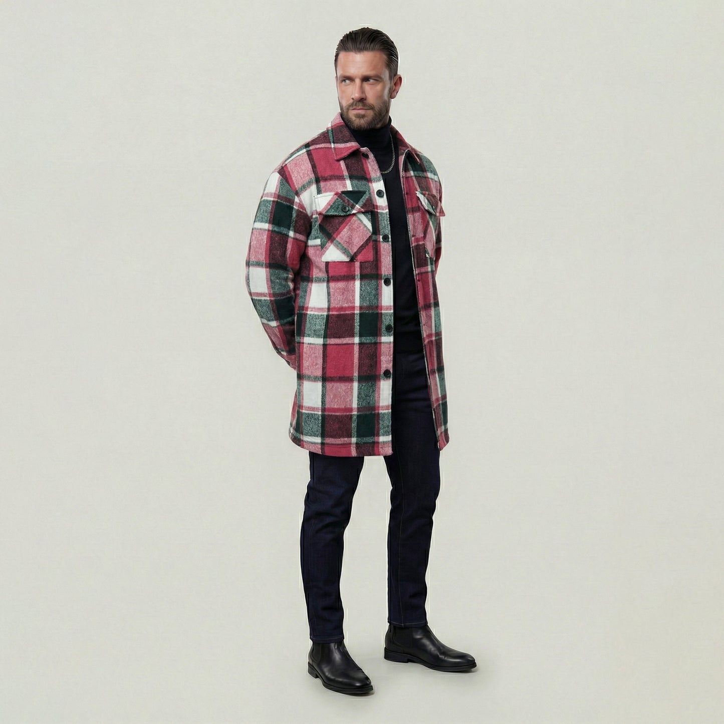 KZZ Men's plaid check long coat, with a buttoned lapel, loose fit