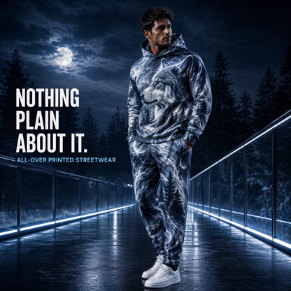 KZZ Men's Cool Printed Hoodie Tracksuit Two-Piece Street Style Sportswear