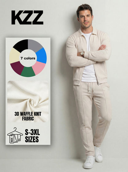 KZZ Sporty Two-piece Set Men's Plain Zip Up Jacket & Drawstring Waist Pants Tracksuit Set