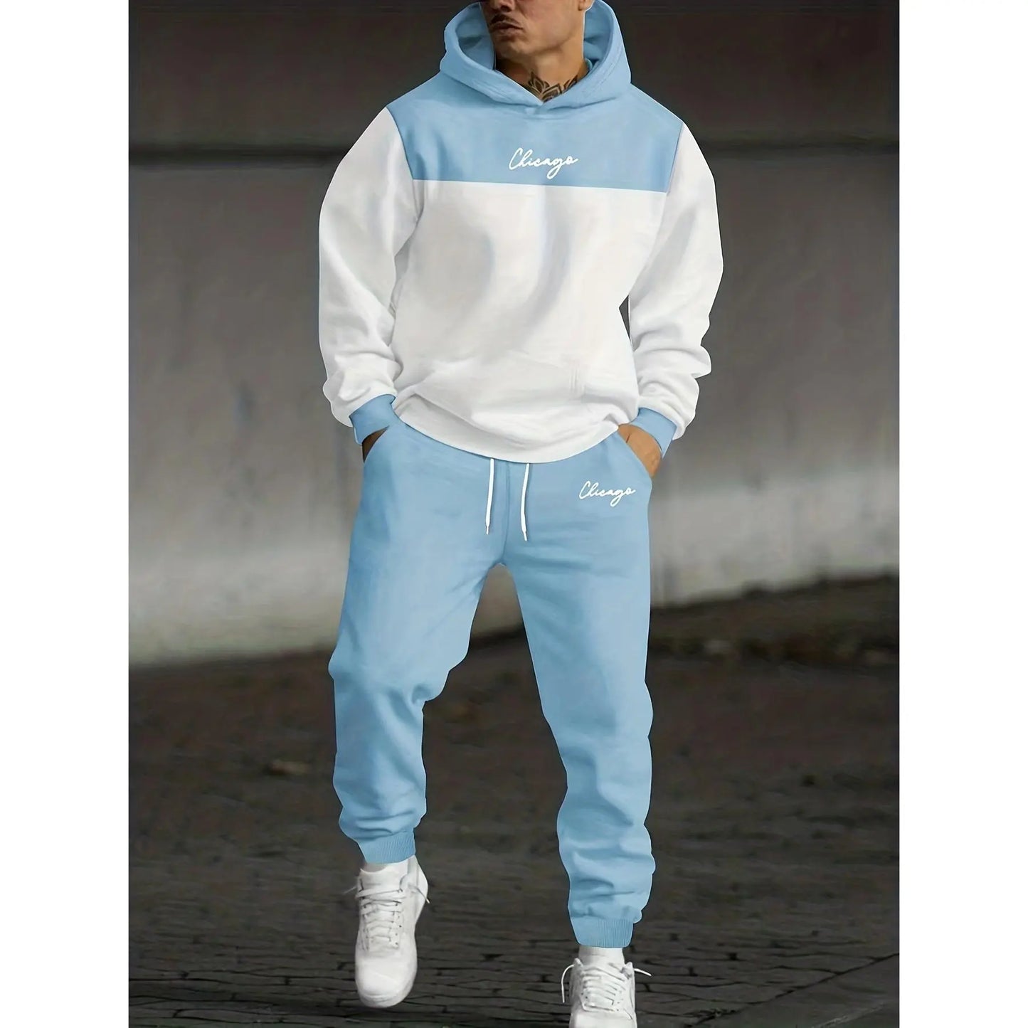 KZZ Men's Autumn-Winter Loose Letter Print Hooded Two-Piece Set