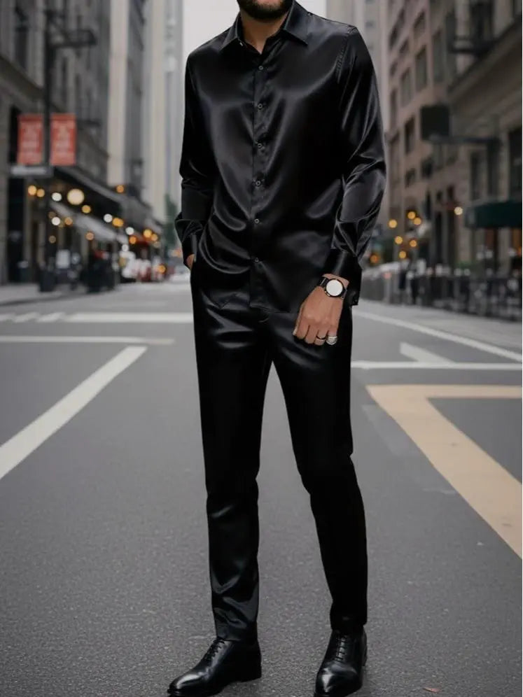 KZZ Men's Milk Silk Stand Collar Long Sleeve Button-Up Shirt Set