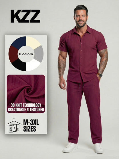 KZZ Men's Two-piece Suit Shirt and Elastic Waist Pants Set