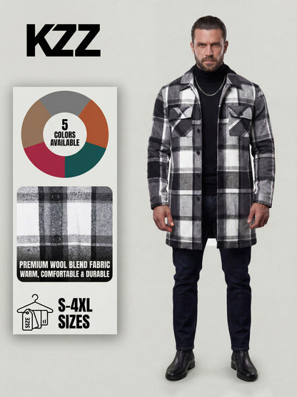 KZZ Men's plaid check long coat, with a buttoned lapel, loose fit