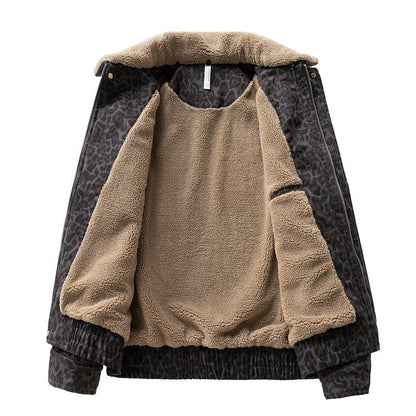 KZZ Vintage Leopard Print Lapel Fleece Lined Warm Jacket