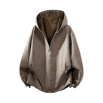 KZZ Men's Washed Half-Zip Hooded Sweatshirt