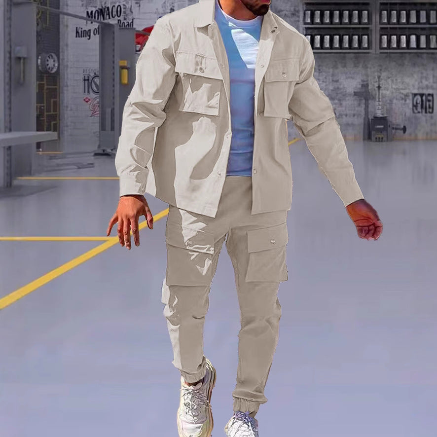 KZZ Men's Solid Button Pocket Lapel Neck Jacket & Drawstring Waist Cargo Pant Set