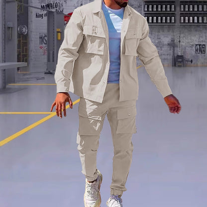 KZZ Men's Solid Button Pocket Lapel Neck Jacket & Drawstring Waist Cargo Pant Set