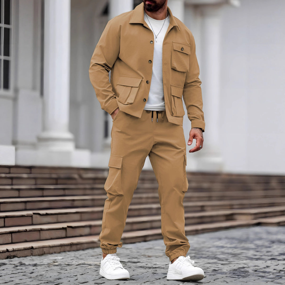 KZZ Men's Solid Color Pocket Button Front Shirt & Pants Two-Piece Set