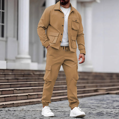 KZZ Men's Solid Color Pocket Button Front Shirt & Pants Two-Piece Set