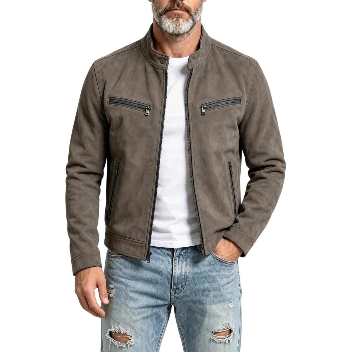 KZZ Suede stand-up collar motorcycle jacket for men, multi-zipper casual style