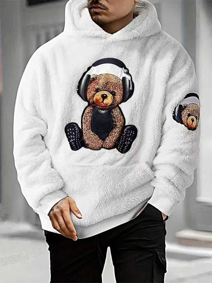 KZZ Men's Cartoon Bear Embroidery Pocket Fuzzy Hoodie