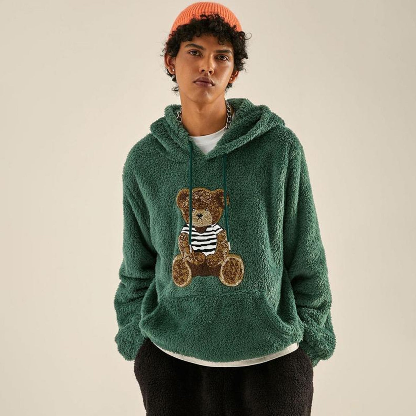 KZZ Men's Cartoon Bear Embroidered Drawstring Plush Hoodie, Casual Pocket Sweatshirt