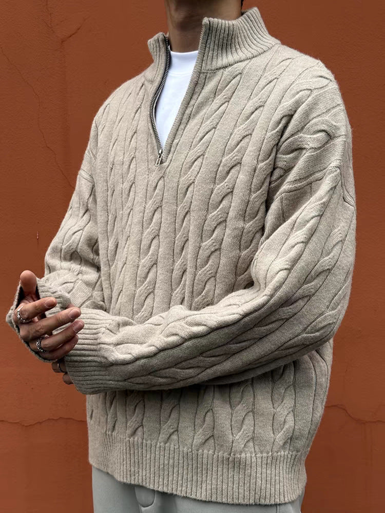 KZZ Men's solid color zipper sweater, fashionable knit long sleeved