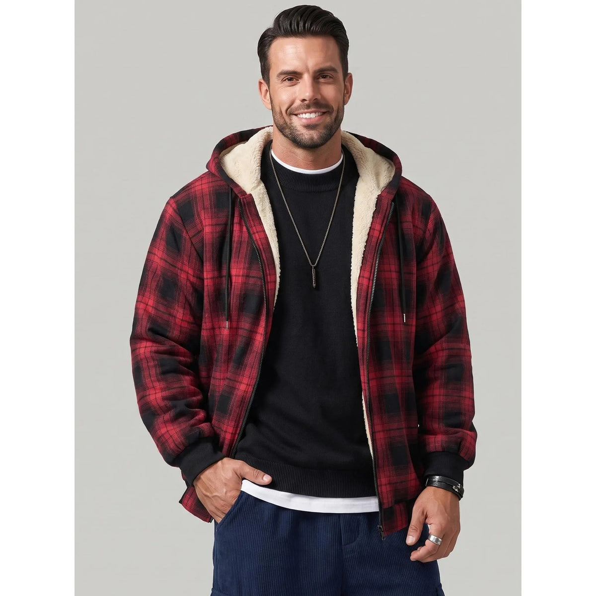KZZ Men's Long-Sleeve Plaid Jacket