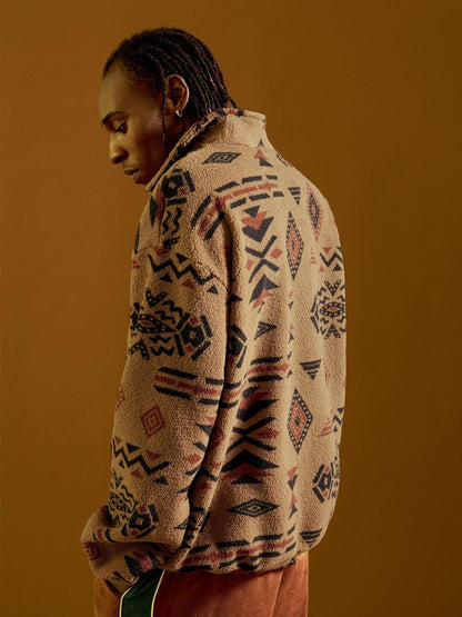 KZZ Men's Ethnic Pattern Drop Shoulder Zipper Sweatshirt