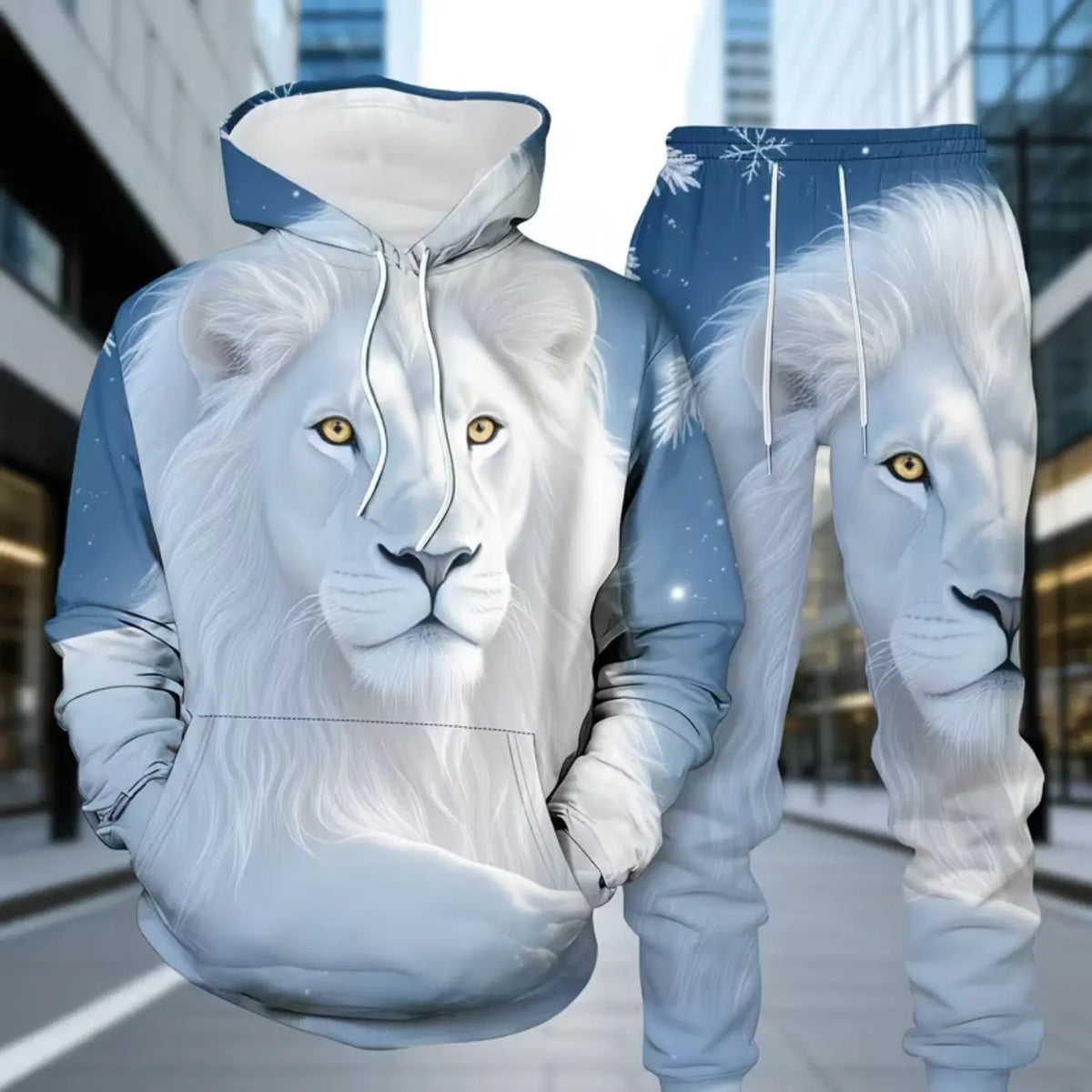 KZZ Two-Piece Thickened Snow Lion 3D Full Print Hoodie Set