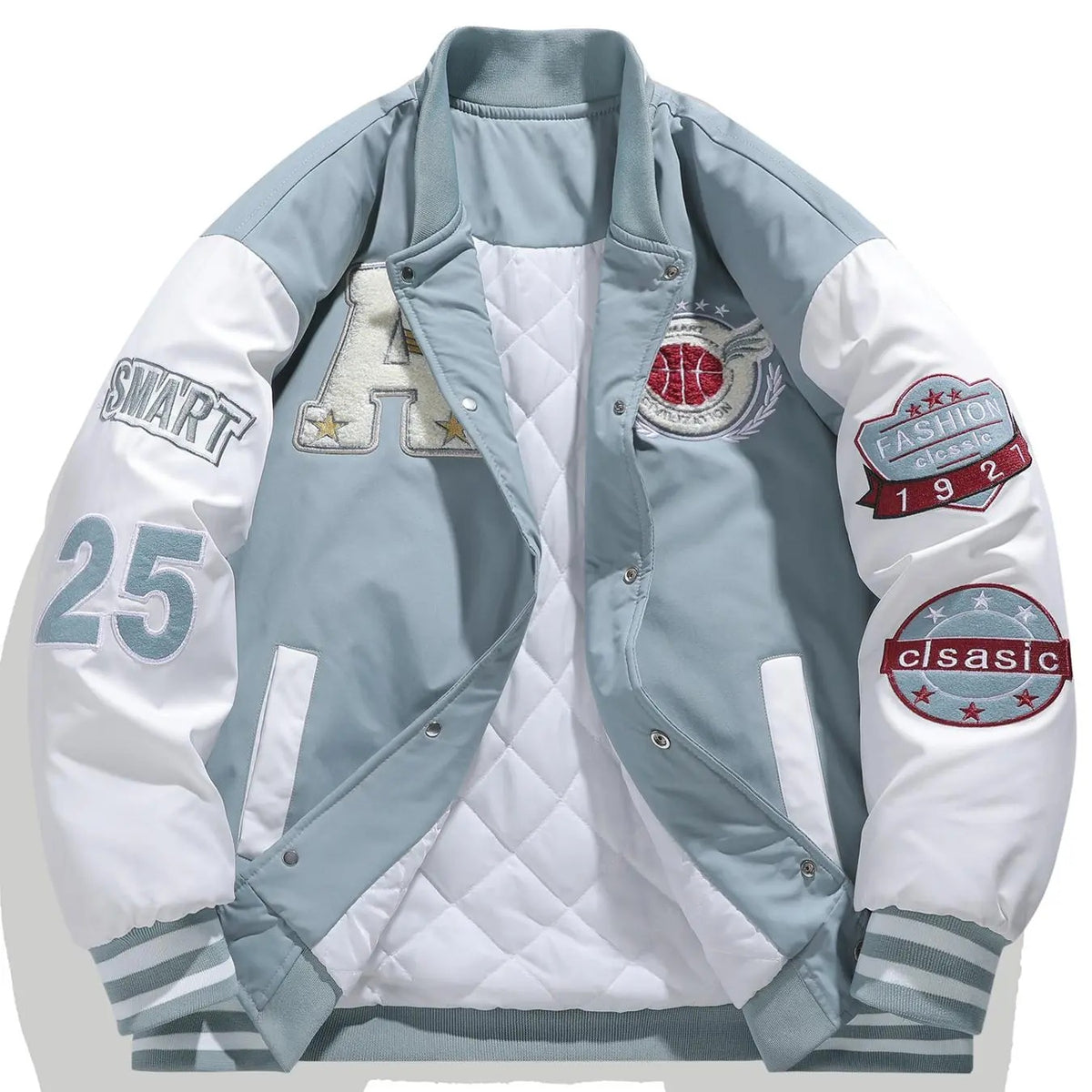 KZZ Men's color-blocked letter and graphic embroidered baseball collar patchwork jacket
