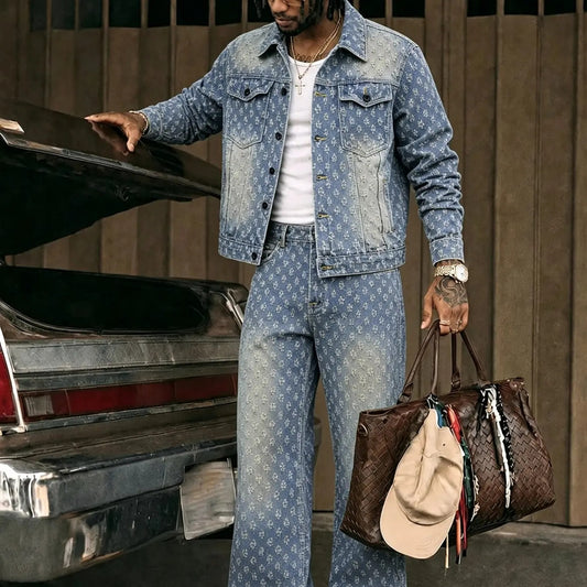 KZZ Men's two-piece jacquard denim suit