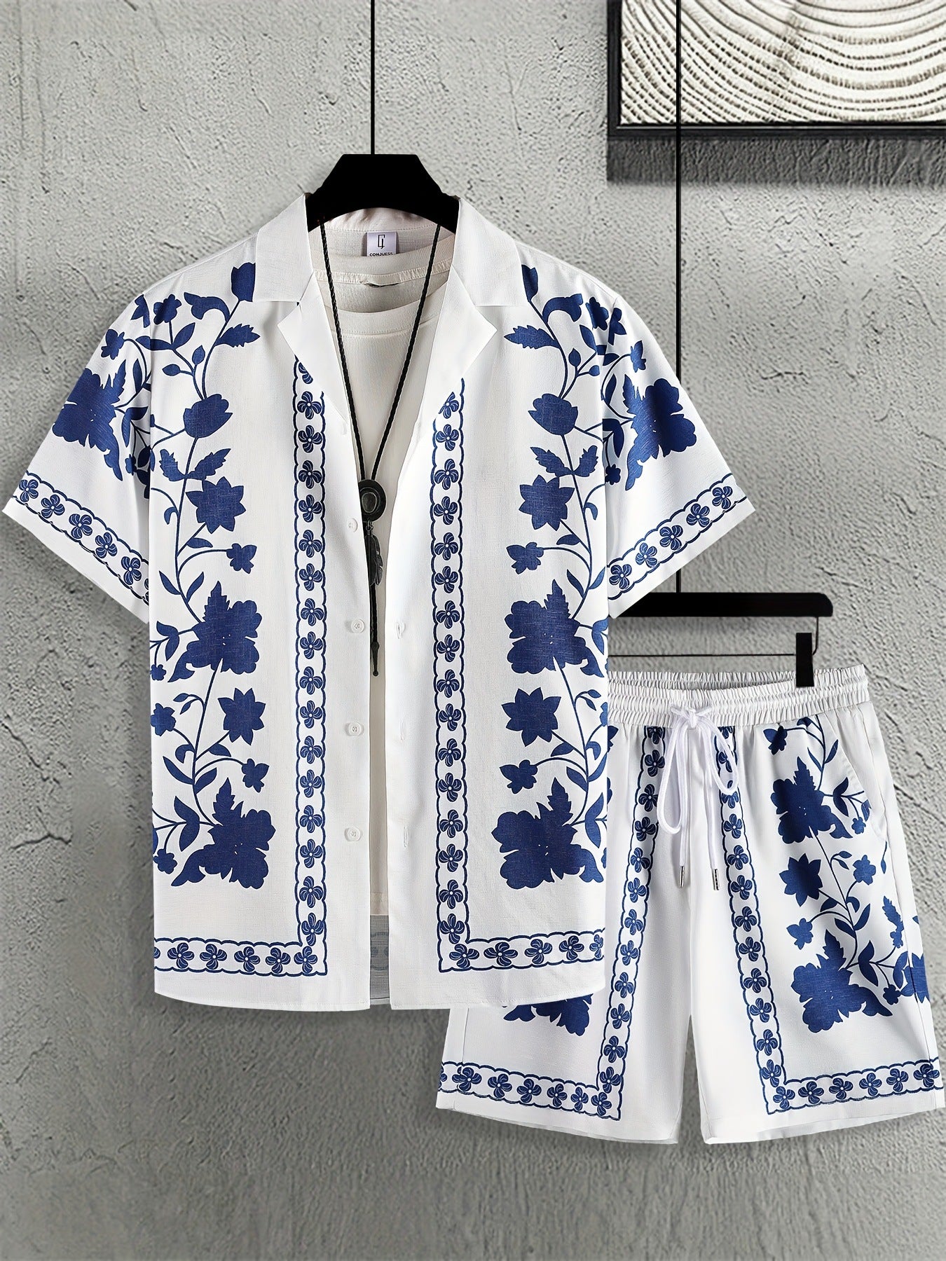 KZZ Men's ethnic-style patterned button-down shirt and shorts loungewear two-piece set