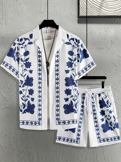 KZZ Men's ethnic-style patterned button-down shirt and shorts loungewear two-piece set