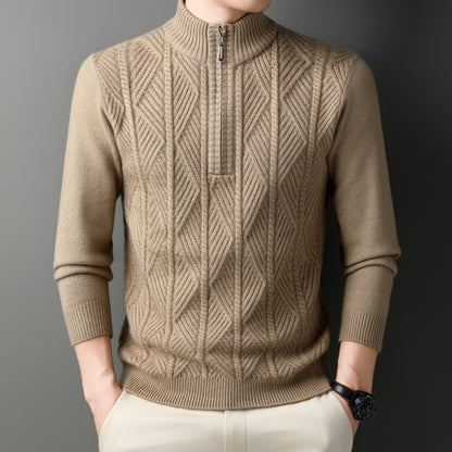 KZZ Men's solid color quarter-zip stand collar knit long-sleeved top