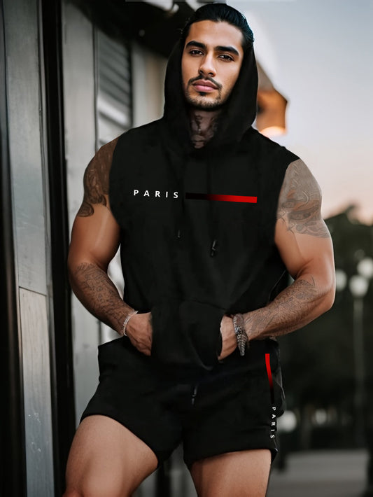 KZZ Two-Piece Set Men's Letter Print Hooded Vest & Drawstring Waist Shorts Set