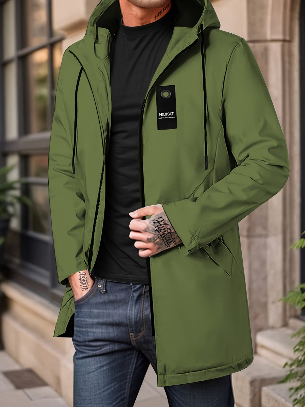 KZZ Men's Mid-Length Thin Top with Full Zipper and Drawstring Hood