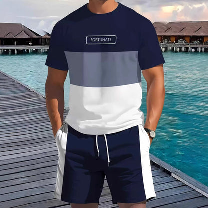 KZZ Men's Summer Color-Block Short-Sleeve T-Shirt and Athletic Shorts Set