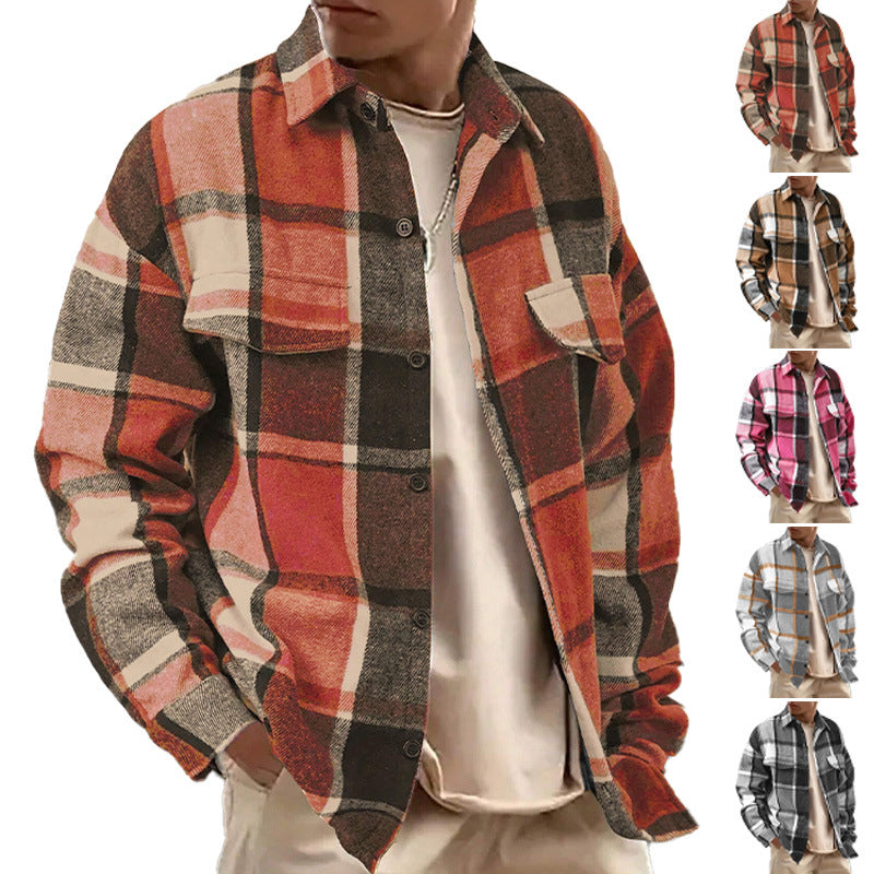 KZZ Men's Casual Loose-Fit Plaid Shirt,Vintage Style Long Sleeve Button Front Top