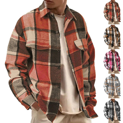 KZZ Men's Casual Loose-Fit Plaid Shirt,Vintage Style Long Sleeve Button Front Top