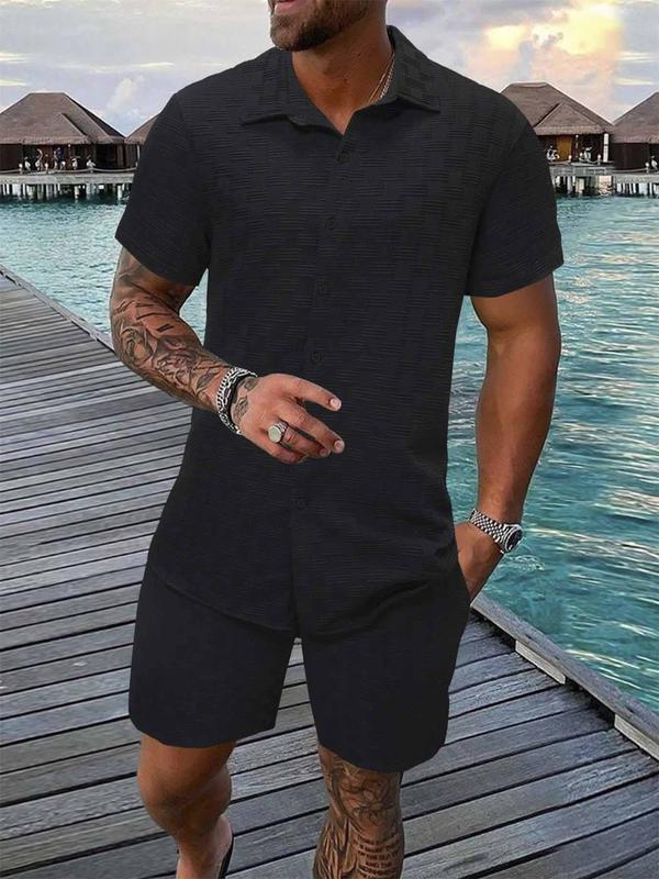 KZZ Men's Pure Color Textured Short Sleeve and Shorts Summer Suit