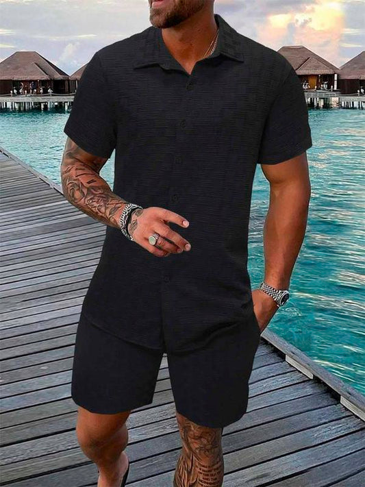 KZZ Men's Pure Color Textured Short Sleeve and Shorts Summer Suit