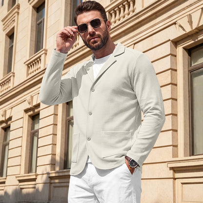 KZZ Blazer-style cardigan with single-breasted buttons, double pockets, casual long sleeves