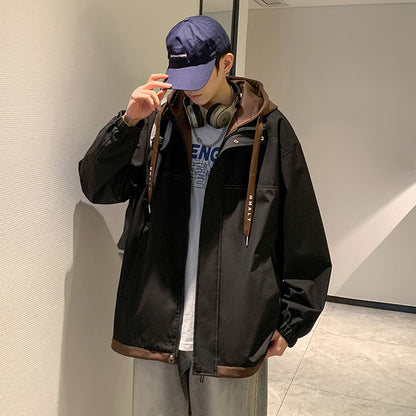 KZZ Men's Colorblock Letter Pocket Longsleeves Drawstring Hooded Jacket