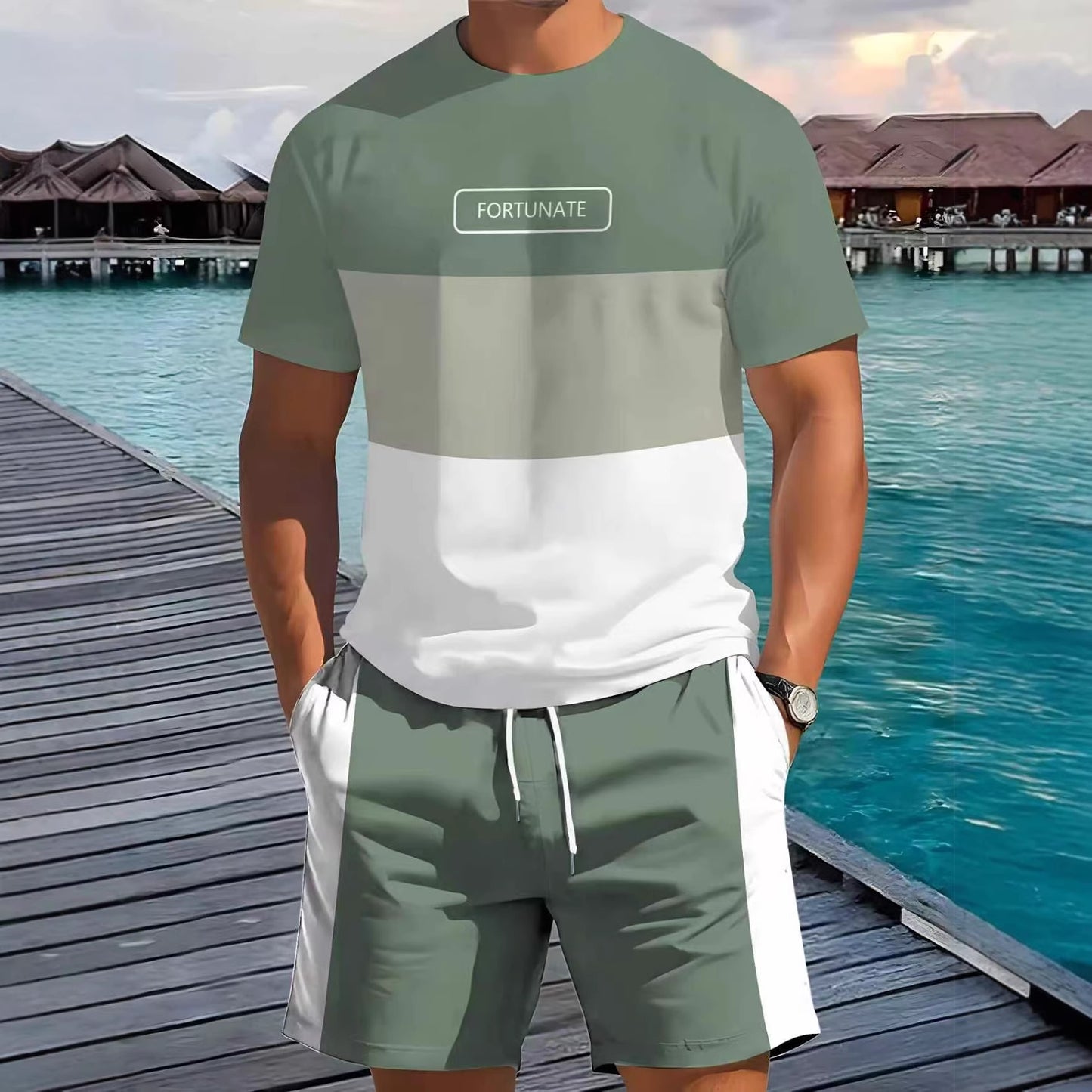 KZZ Men's Summer Color-Block Short-Sleeve T-Shirt and Athletic Shorts Set