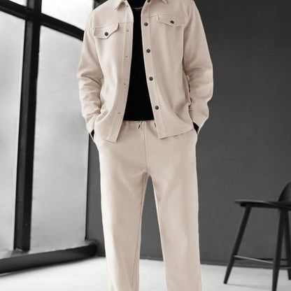 KZZ Men's Solid Color Pocket Jacket and Belt Waist Pants Sport Suit Regular Version Mature Business Style