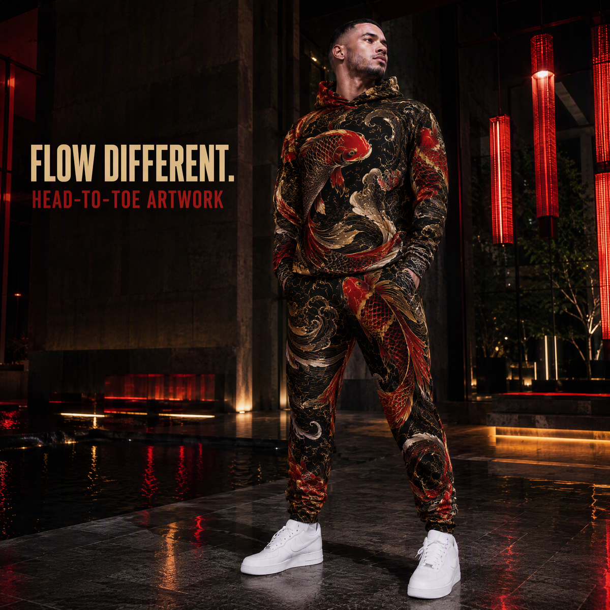 KZZ Men's Cool Printed Hoodie Tracksuit Two-Piece Street Style Sportswear