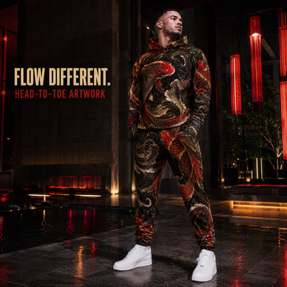 KZZ Men's Cool Printed Hoodie Tracksuit Two-Piece Street Style Sportswear