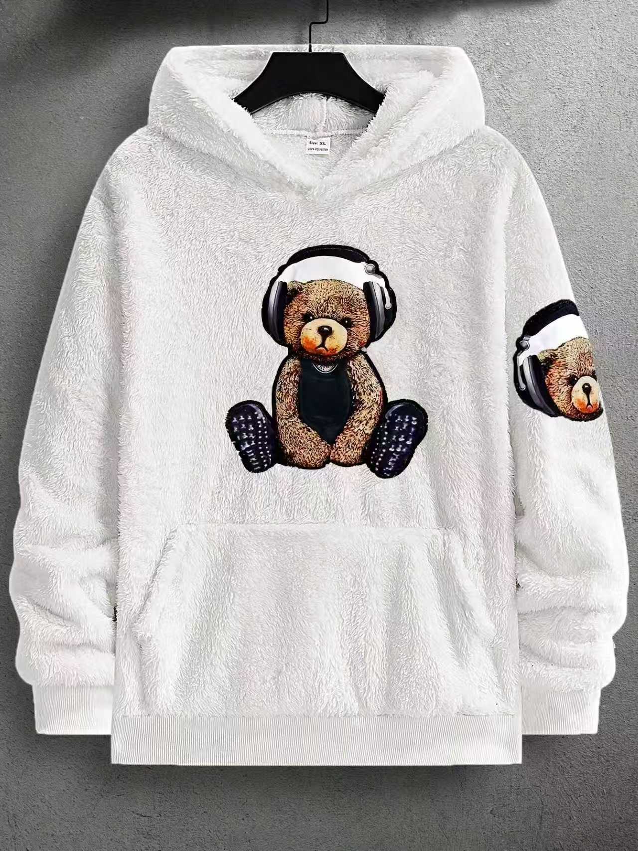 KZZ Men's Cartoon Bear Embroidery Pocket Fuzzy Hoodie