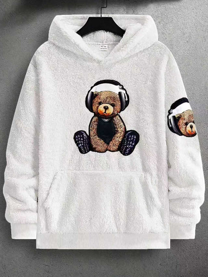 KZZ Men's Cartoon Bear Embroidery Pocket Fuzzy Hoodie